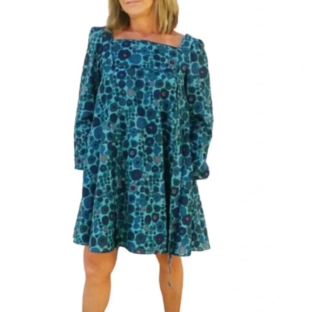 Samantha Treacy Oishin Dress Periwinkle Teal Abstract Print Tie Cuff Sz 2 NEW